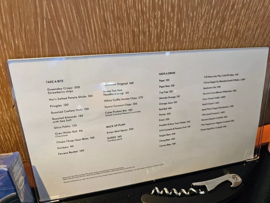 Price list for minibar