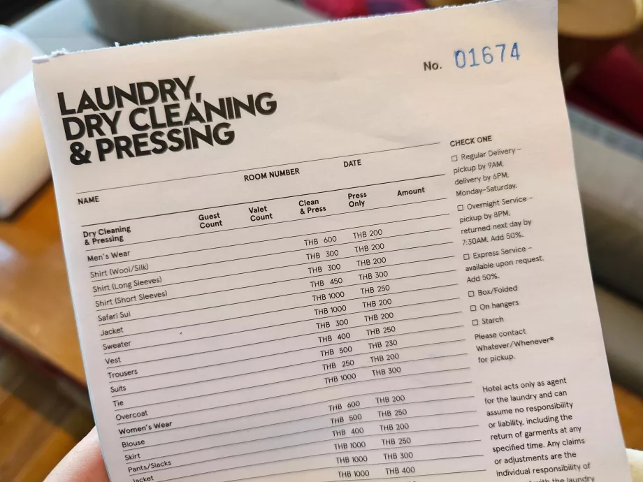 Laundry price list