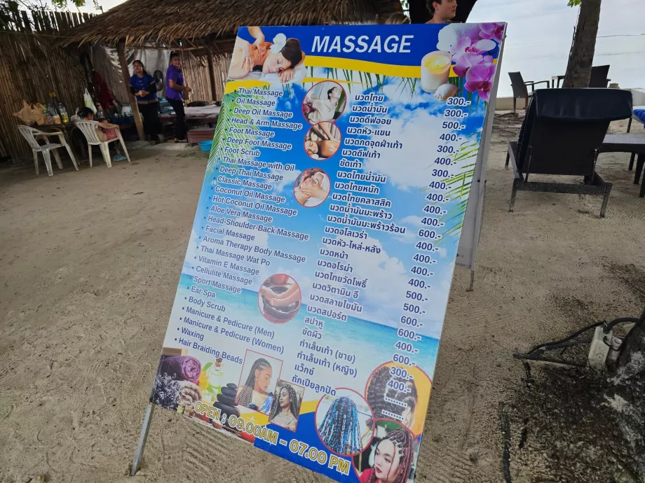 Price list for massages on the hotel beach