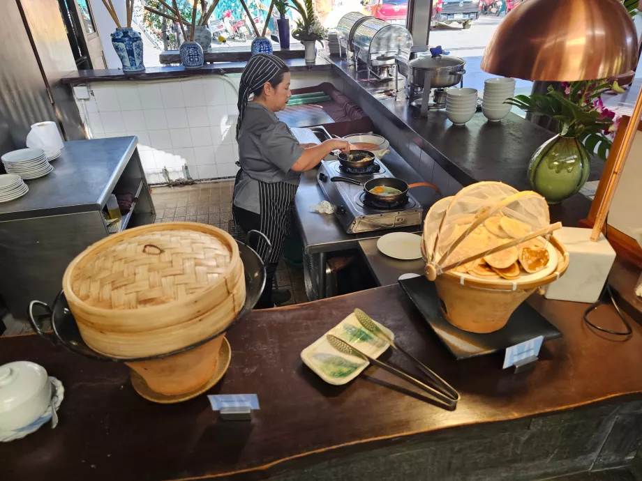 Breakfast - pancakes and egg preparation