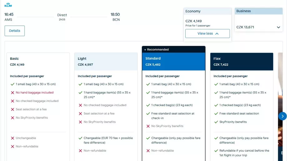 Air France-KLM: screenshot of the new fare