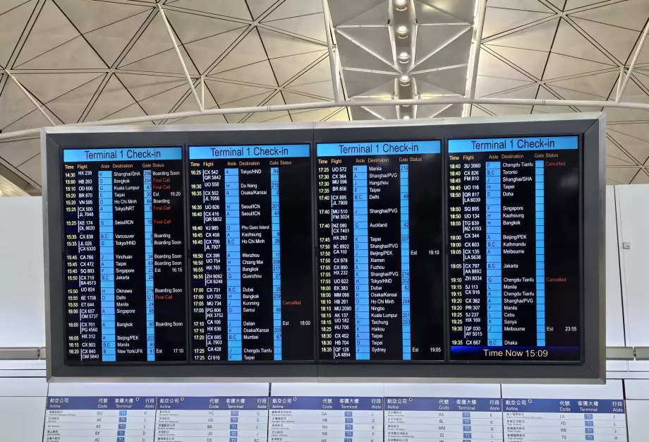 Departure boards at HKG Airport