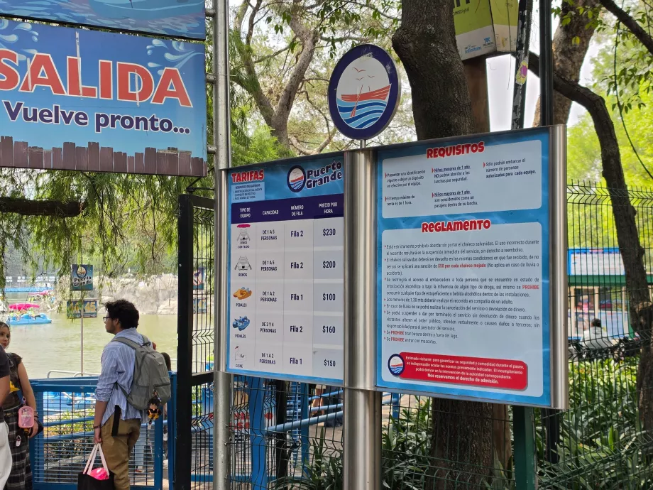 Bosque de Chapultepec, price list for boats