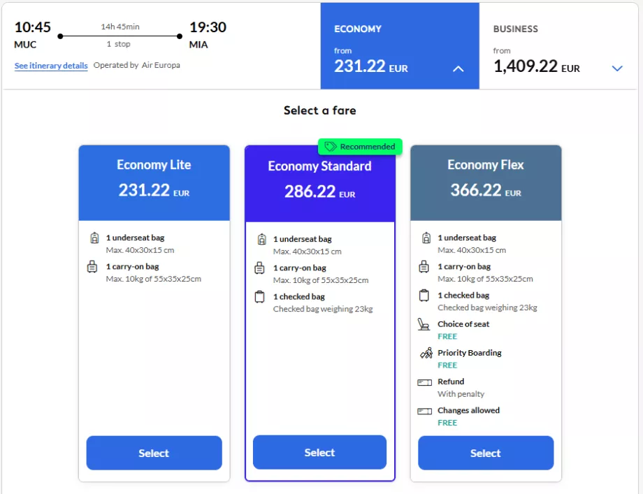 Economy class tariffs