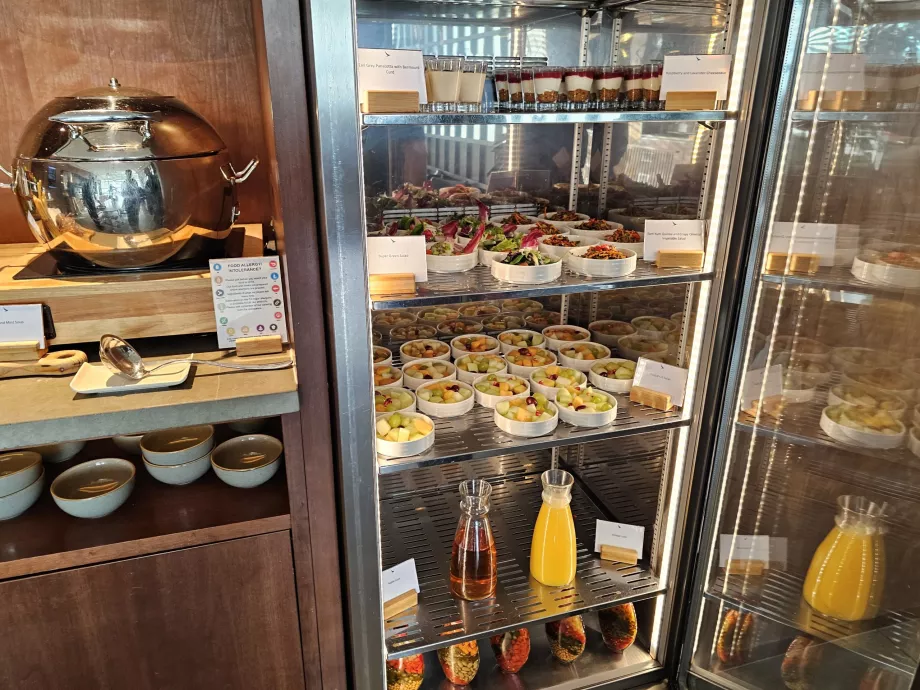 Fruit, panna cotta, juices and vegetable salads