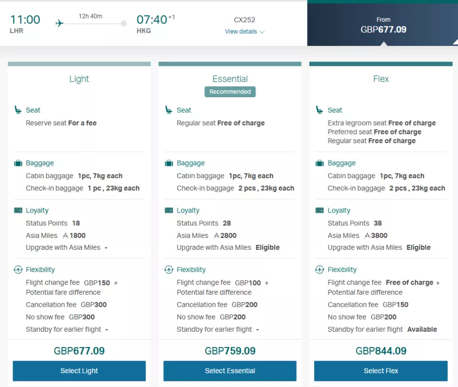 Cathay Pacific fare classes