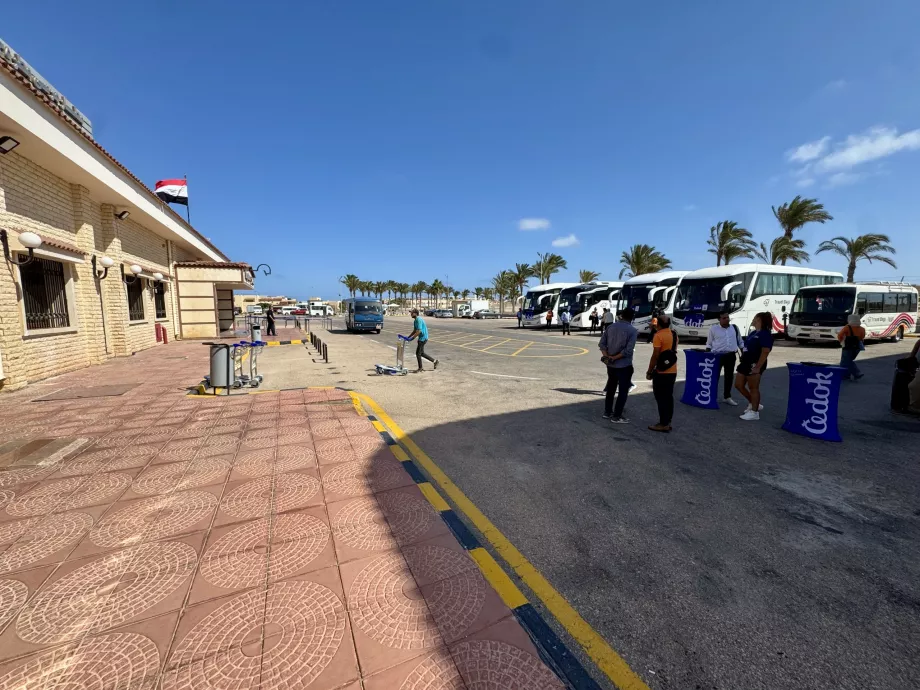 Delegates and buses immediately outside the terminal