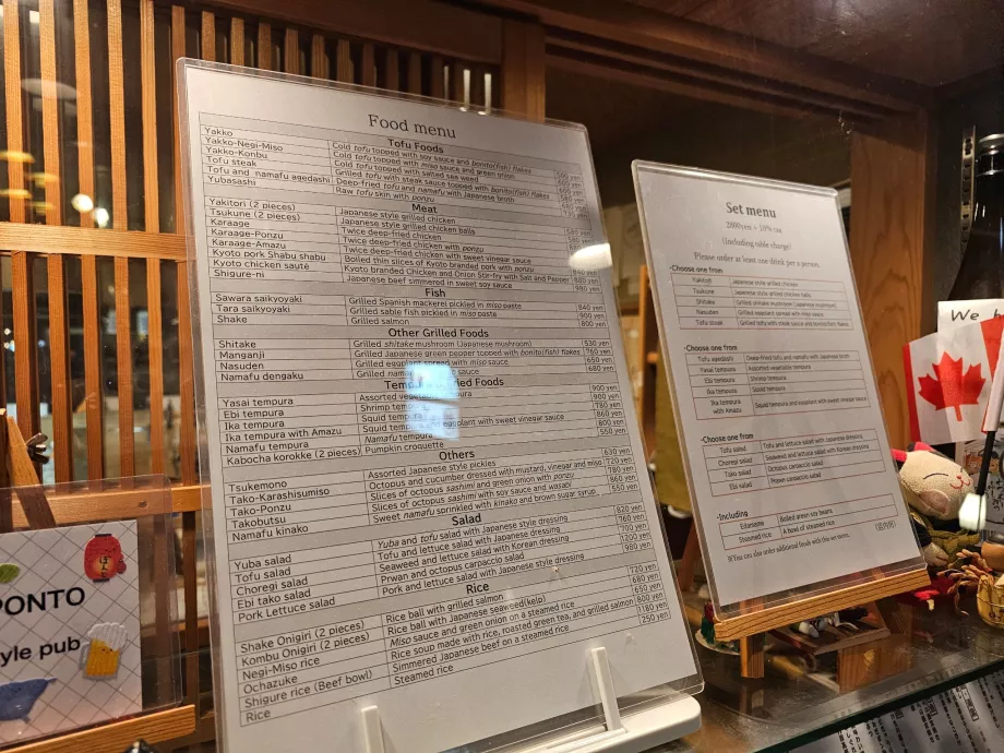 Typical menu at the izakaya in Pontocho Alley
