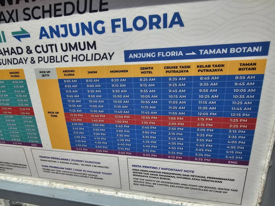 Water taxi timetable