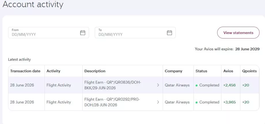 The Avios points we have earned on the PRG-DOH-BKK flight