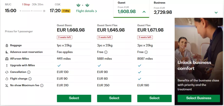 Economy class tariffs