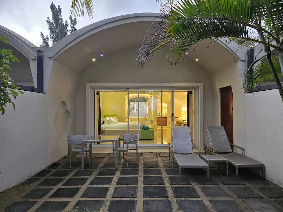 Outdoor seating area in front of the room