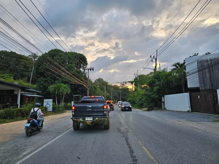 Heavy traffic on the main road around the island