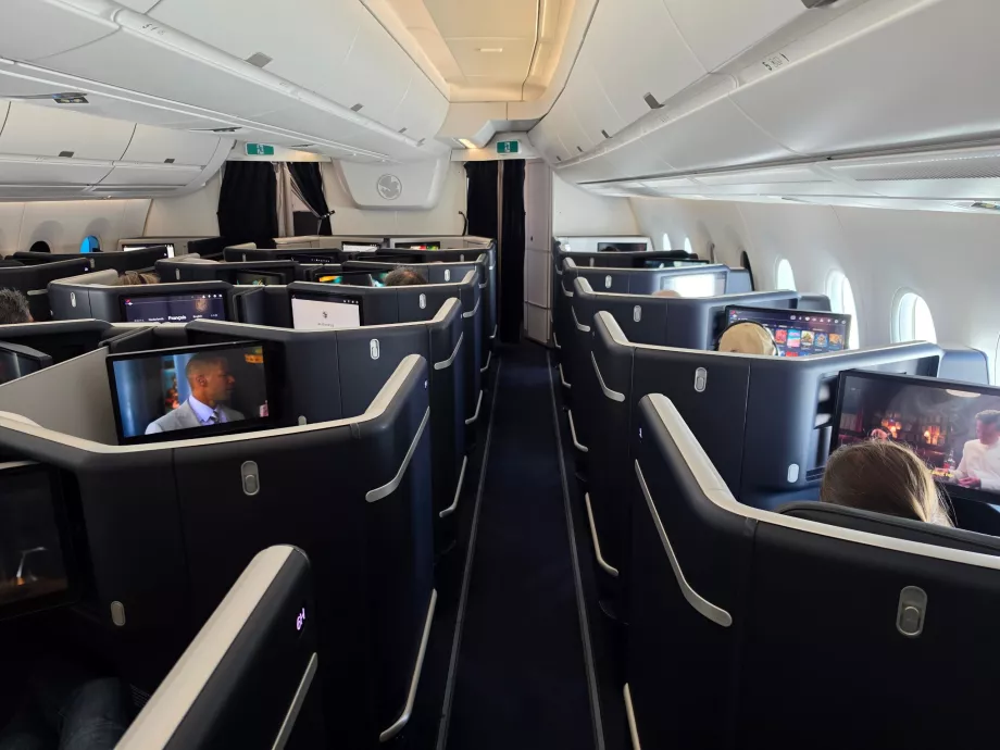 A view of the business class cabin during a flight