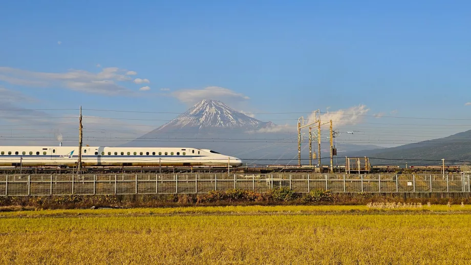 Shinkansen with Mount Fuji in the background