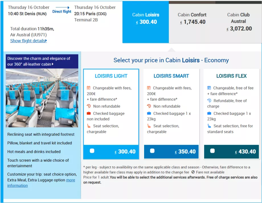 Air Austral fare classes