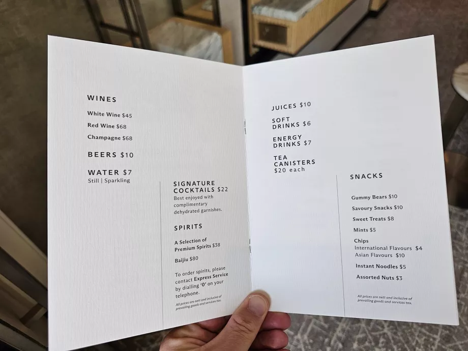 Price list for minibar