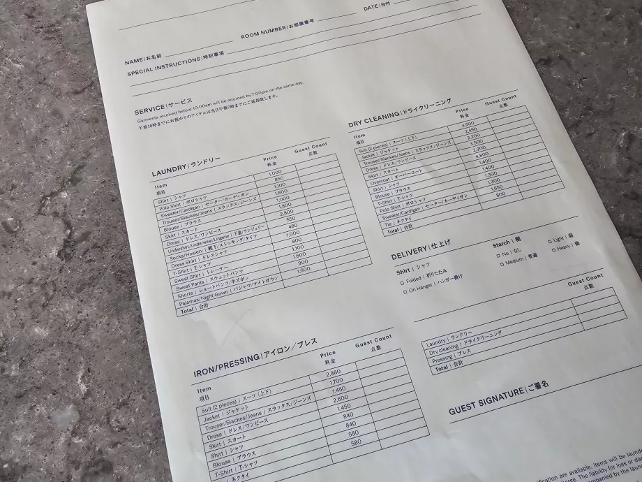 Prices for laundry service