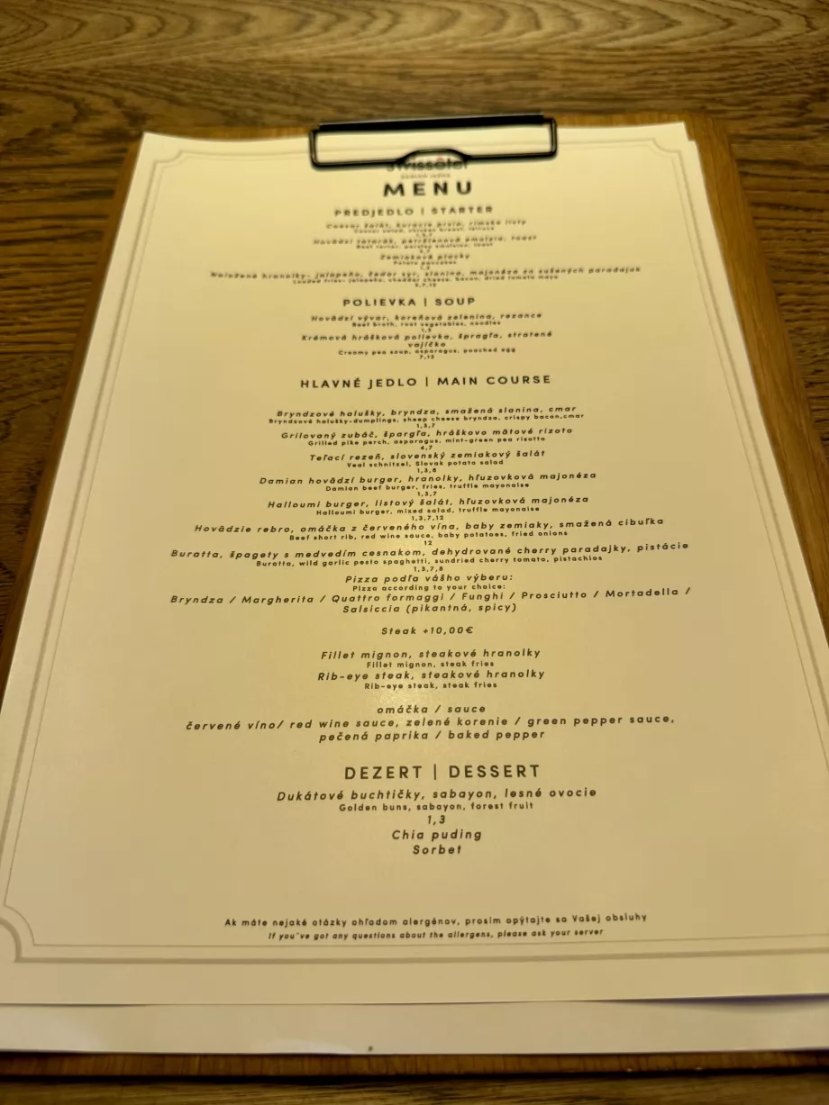 Menu for half board