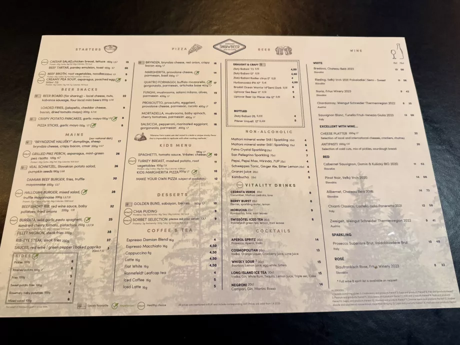 Snowbeer menu with prices