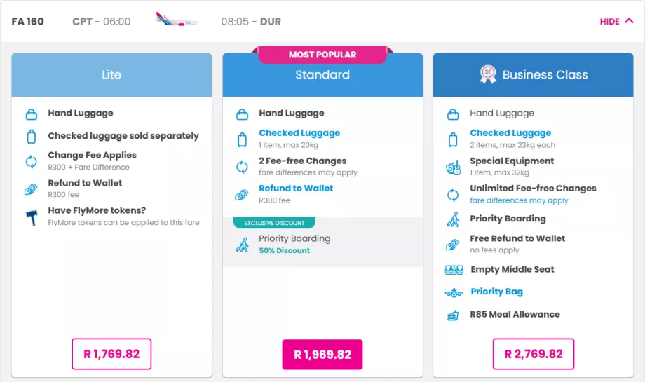 FlySafair fare classes