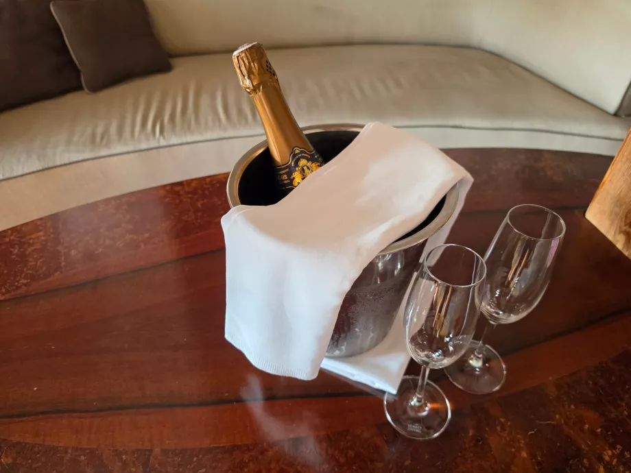 A bottle of sparkling wine as a courtesy from the hotel
