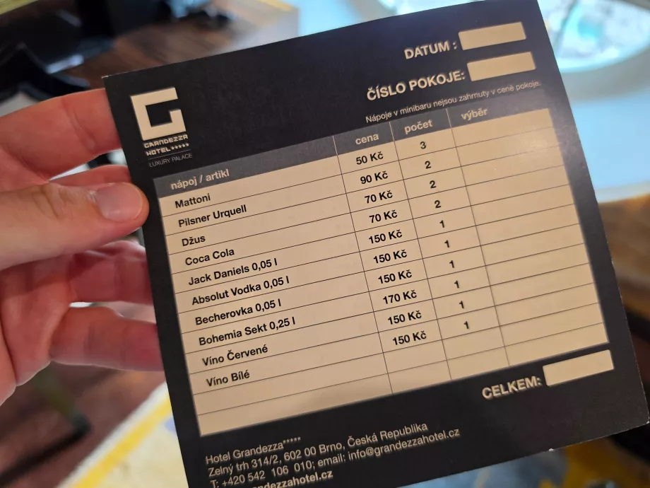 Minibar price list (the same for all room types)