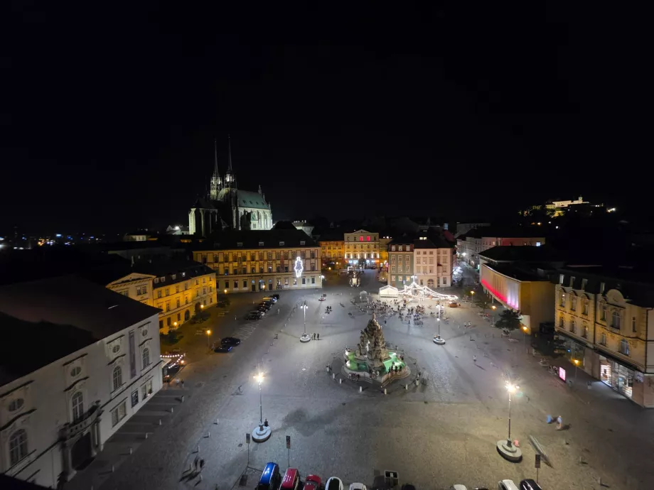 A night-time view from the tower at Zelný trh