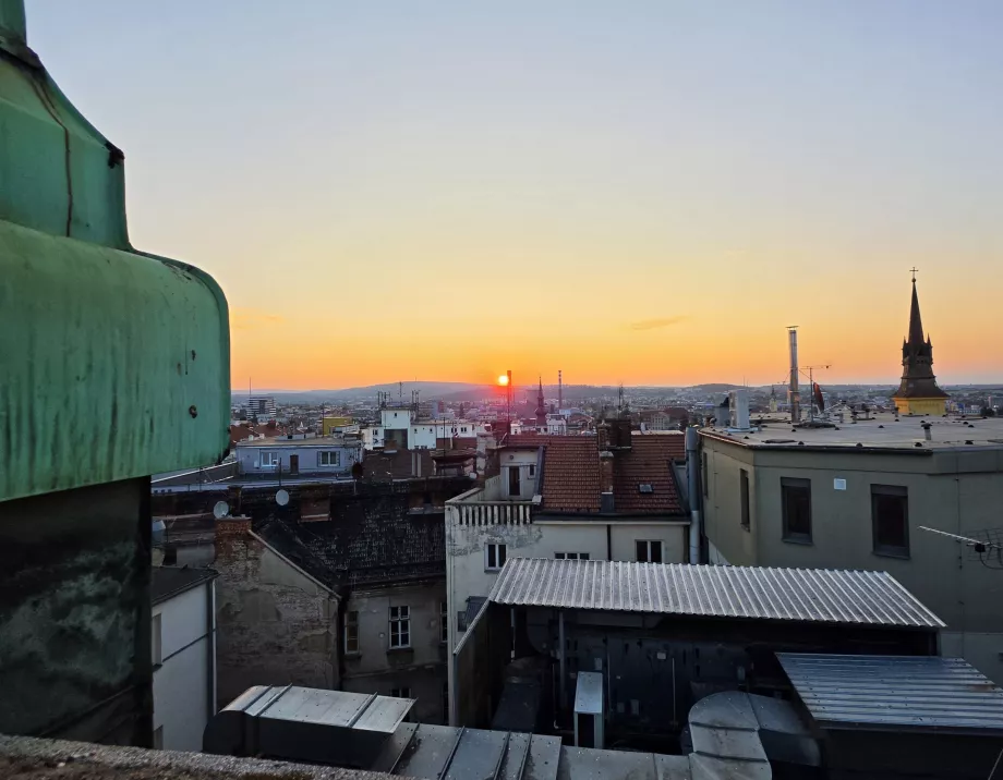 Sunrise over Brno from the balcony in the turret