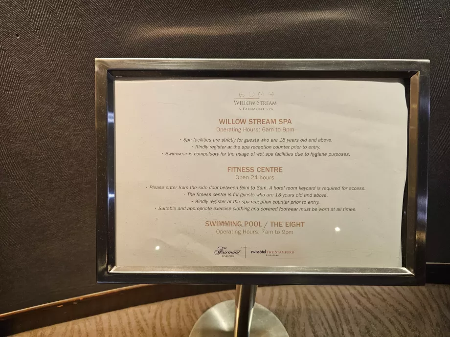 Opening hours of the swimming pool, gym and spa