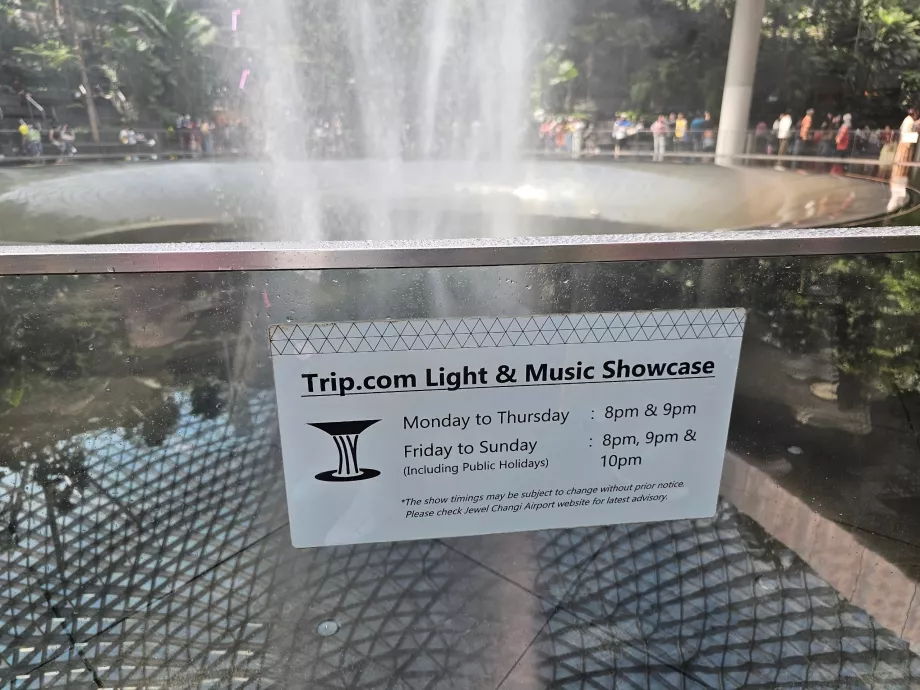 Light show times at the waterfall in Jewel