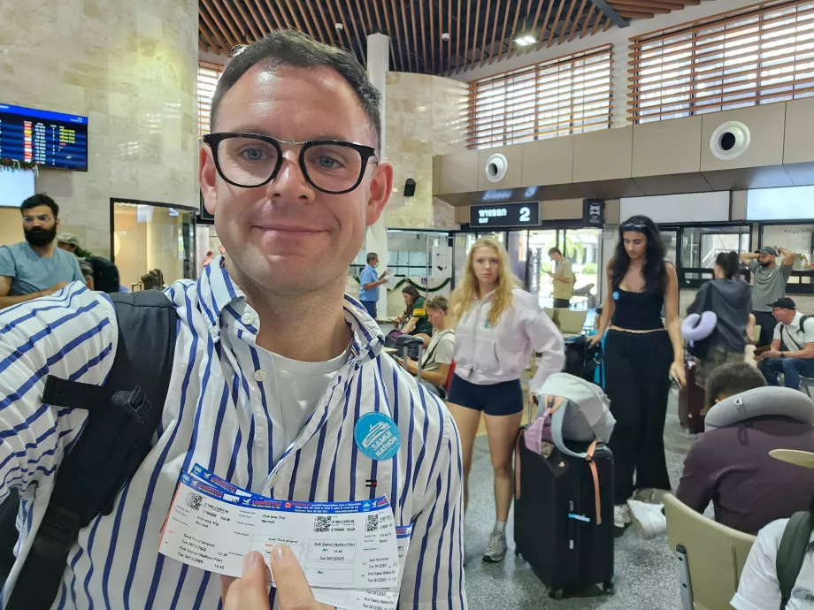 Me with tickets for transfer bus + boat to Koh Samui