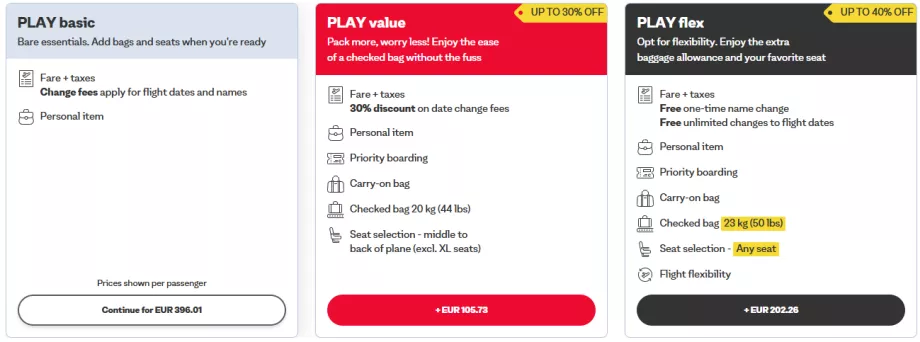 Tariff classes PLAY