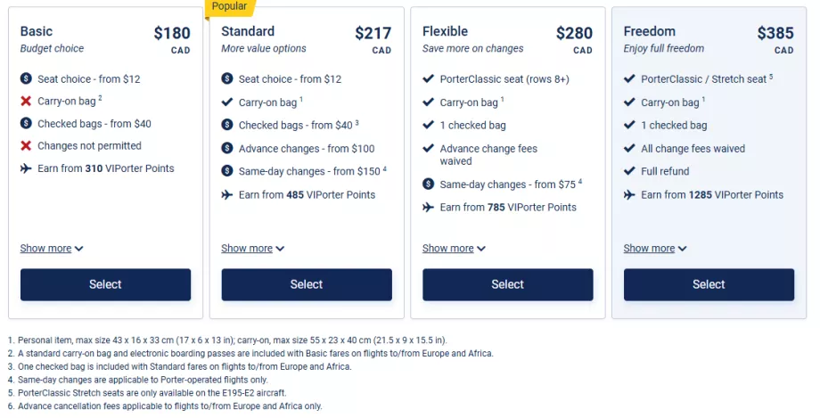 Porter Airlines - fare classes