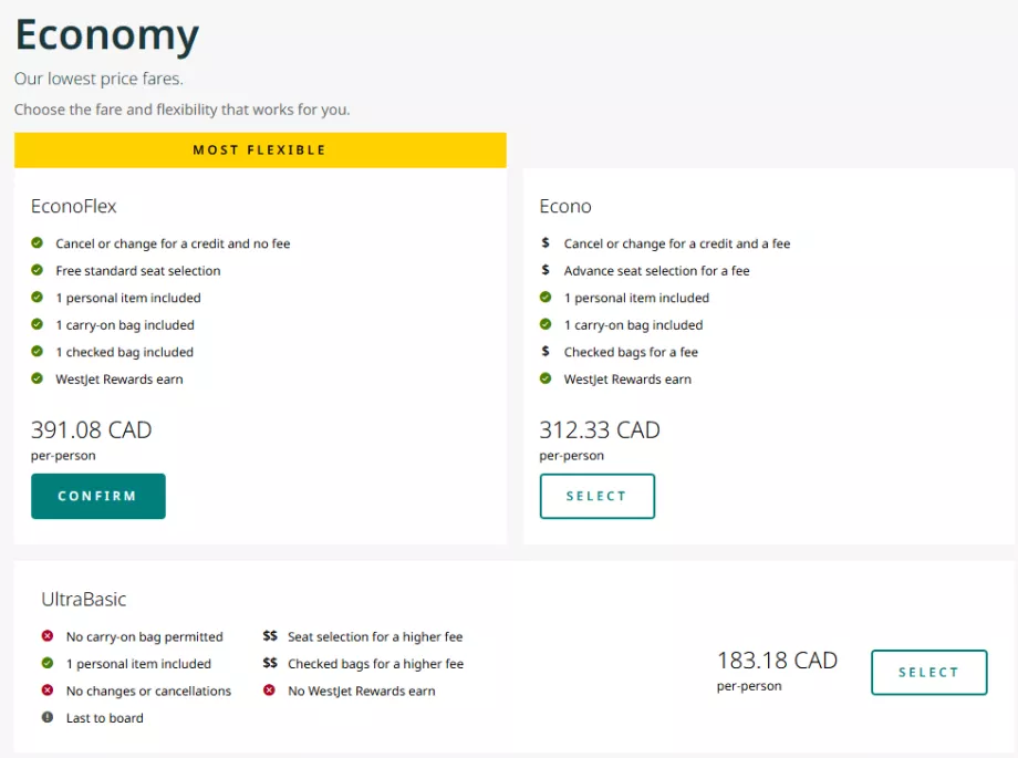 Westjet fare classes