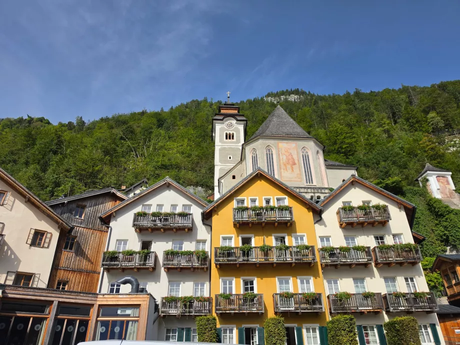 The Catholic church above the centre of Hallstatt