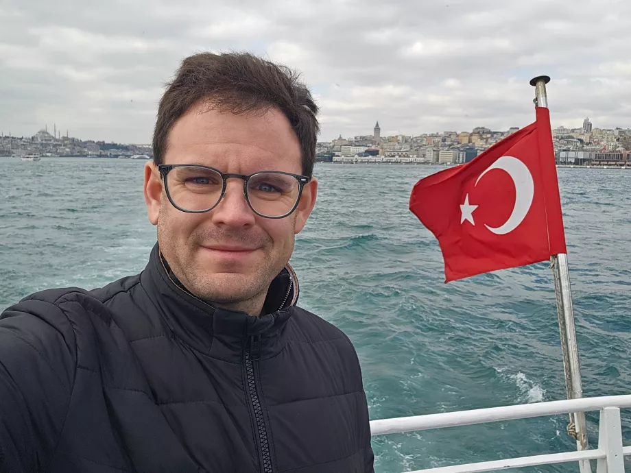 Me on the boat to the Maiden Tower