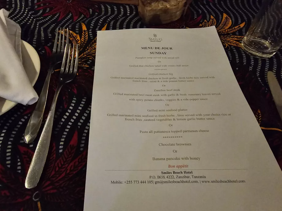 Evening menu