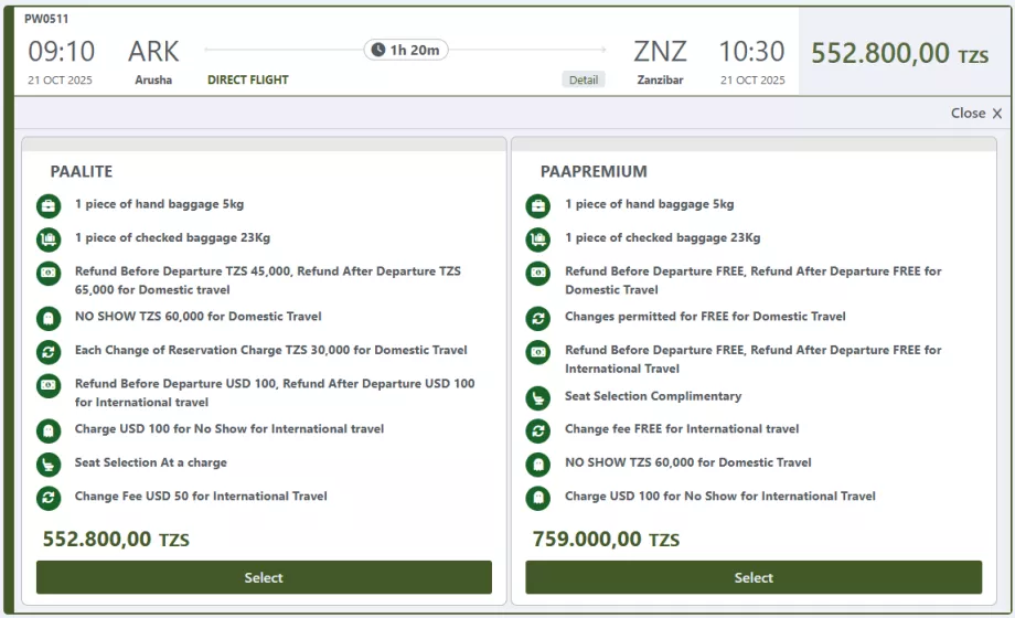 Precision Air tariff classes