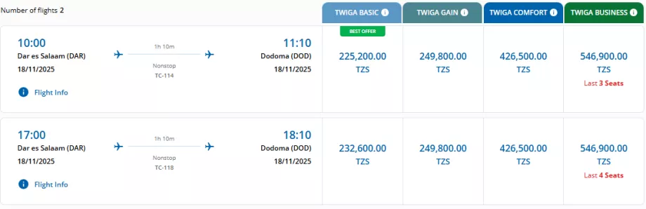 Air Tanzania fare classes
