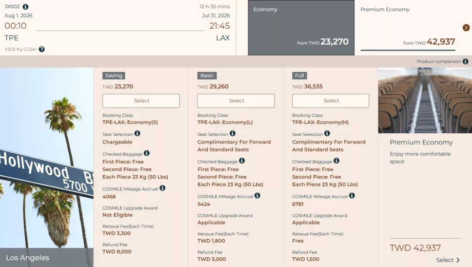 STARLUX tariff classes