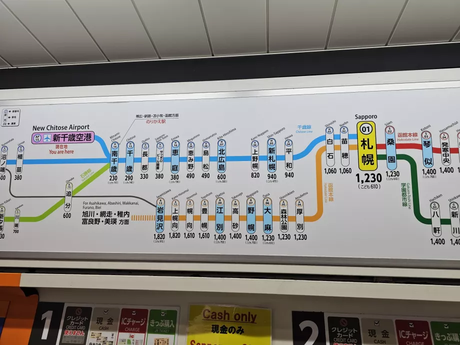Map of train fares from the airport