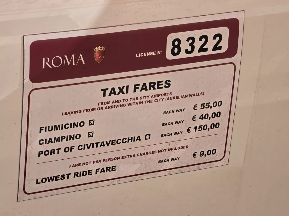 Official taxi prices in Rome