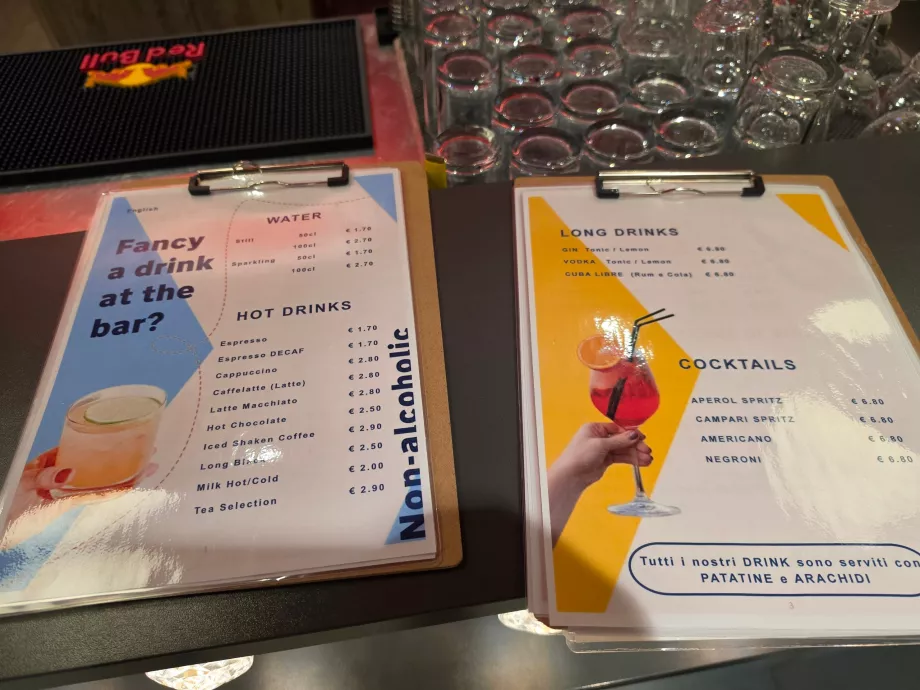 Price list in the hotel bar