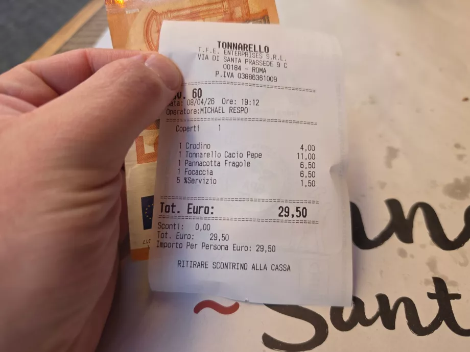 Tonnarello Santa Maria, total bill