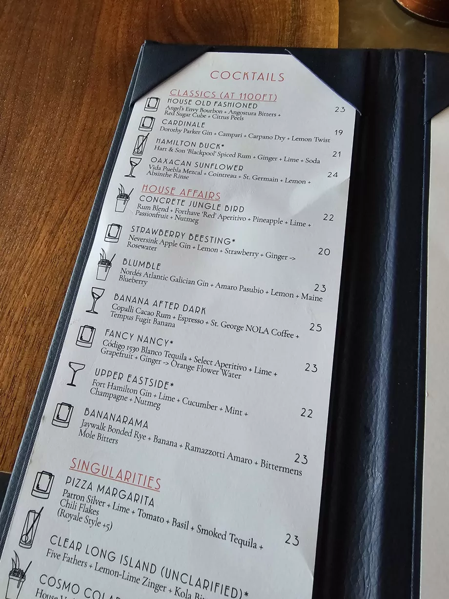 Cocktail menu in Peak Restaurant