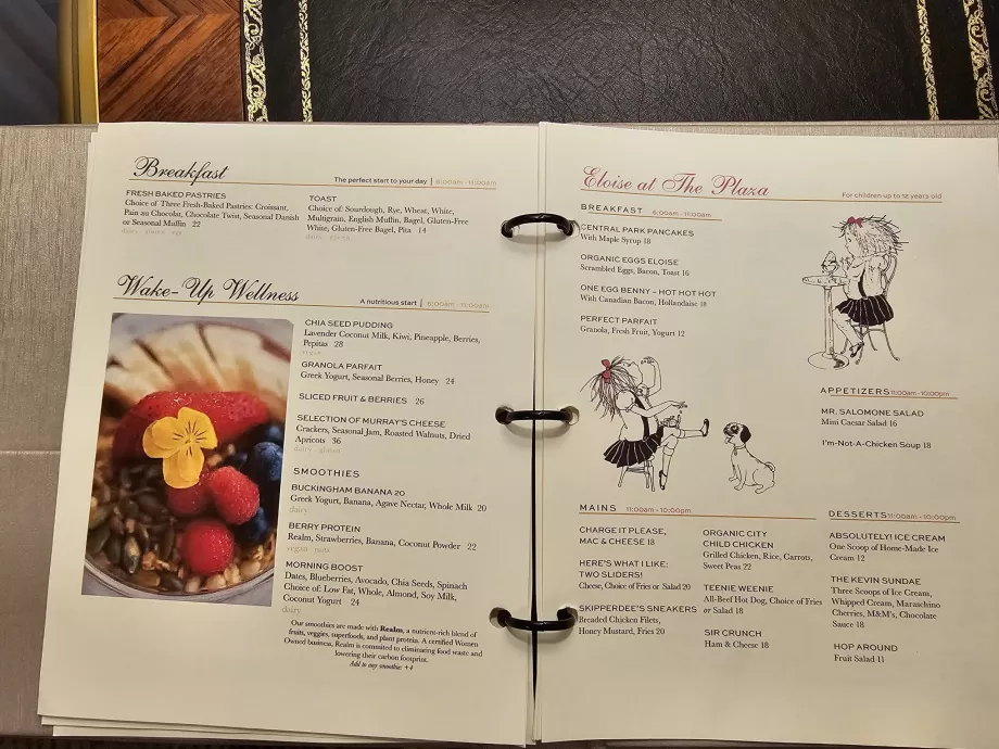 Menu, in-room service