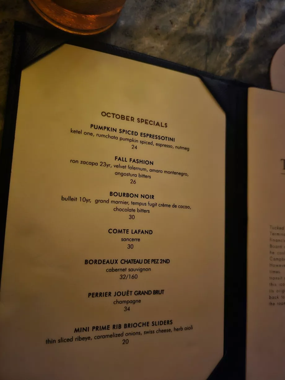 Campbell Bar, cocktail menu