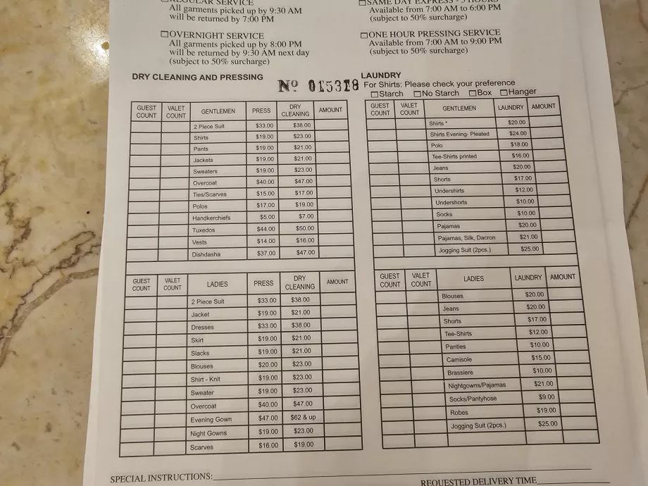 Prices for laundry service