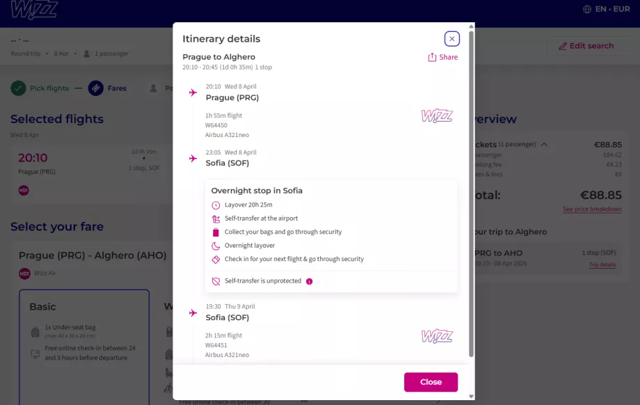 Example of a connecting flight booking